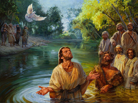 Chrzest Jezusa.<br/>A gdy Jezus został ochrzczony, natychmiast wyszedł z wody, a oto otworzyły się przed nim niebiosa i ujrzał Ducha Bożego, który zstępował jak gołębica i spoczął na nim.<br/>Mateusza 3:16<br/>Pełny tekst: Mateusza 3:13-17 – Slajd 1