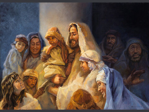 Jezus błogosławi małe dzieci.<br/>Ludzie przynosili małe dzieci do Jezusa, aby położył na nich ręce, ale uczniowie ich upominali.<br/>Mk 10,16<br/>Pełny tekst: Marka 10:13-16 – Slajd 2