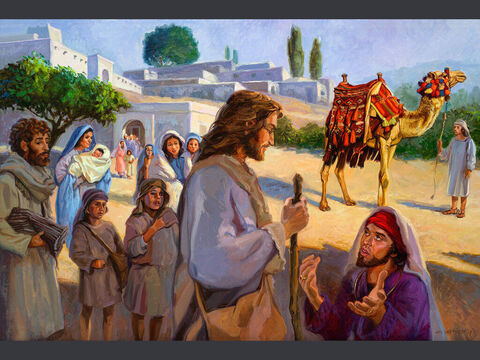 Bogaty młody władca.<br/>Jezus spojrzał na niego i pokochał go. 'Jednego ci brakuje', powiedział. Idź, sprzedaj wszystko, co masz i rozdaj ubogim, a będziesz miał skarb w niebie. Potem przyjdź i chodź za mną'.<br/>Marek 10:21<br/>Pełny tekst: Marka 10:21:13-27 – Slajd 4