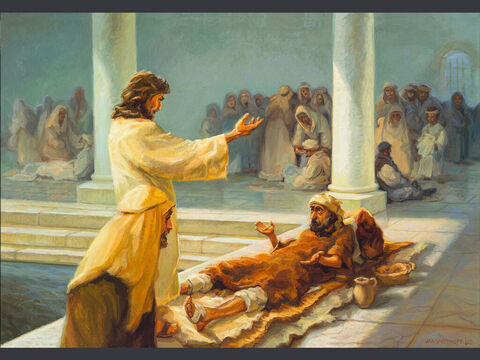 Bethesda<br/>Wtedy Jezus powiedział do niego: 'Wstań! Podnieś swoją matę i chodź".<br/>Jan 5:8<br/>Pełny tekst: Jana 5:2-9 – Slajd 2
