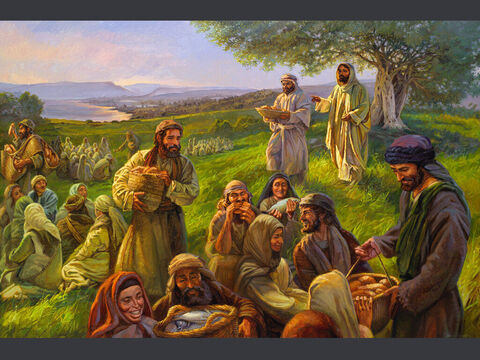 Cudowne karmienie.<br/>A wziąwszy pięć chlebów i dwie ryby, spojrzał w niebo i powiedział błogosławieństwo, po czym połamał chleby i dał je uczniom, aby je postawili przed ludem. A dwie ryby podzielił między nich wszystkich.<br/>Marek 6:41<br/>Pełny tekst: Marka 6:32-44 – Slajd 3