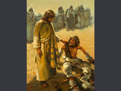 Uzdrowienie człowieka chorego na trąd.<br/>Przyszedł do Niego człowiek chory na trąd i błagał Go na kolanach: "Jeśli chcesz, możesz mnie oczyścić".<br/>Jezus był oburzony. Wyciągnął rękę i dotknął człowieka. 'Jestem gotów', powiedział. Bądź czysty! Natychmiast trąd go opuścił i został oczyszczony.<br/>Marka 1:40-42 – Slajd 4