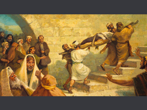 Uzdrowienie sparaliżowanego człowieka.<br/>Przyszli jacyś mężczyźni niosący na macie sparaliżowanego człowieka i próbowali go zabrać do domu, aby położyć go przed Jezusem.<br/>Łk 5:18<br/>Pełny tekst: Łukasza 5:17-25 – Slajd 5