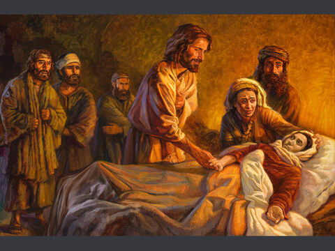 Jezus wskrzesza z martwych córkę Jairusa.<br/>Ale wziąwszy ją za rękę zawołał, mówiąc: "Dziecko, powstań".<br/>Łk 8:54<br/>Pełny tekst: Łk 8:40-56 – Slajd 10
