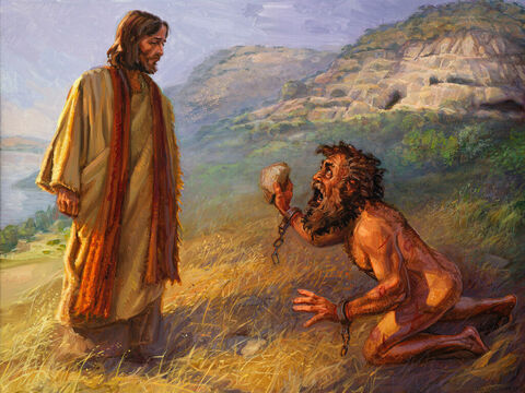 Jezus uzdrawia człowieka z demonem.<br/>A gdy ten zobaczył Jezusa z daleka, pobiegł i upadł przed Nim. I wołając donośnym głosem, powiedział: "Co masz ze mną wspólnego, Jezusie, Synu Boga Najwyższego? Zaklinam cię przez Boga, nie dręcz mnie".<br/>Mk 5:6-7<br/>Pełny tekst: Marka 5:1-20 – Slajd 12