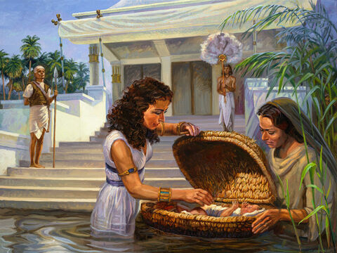 Narodziny Mojżesza<br/>„Wtedy córka faraona zeszła na brzeg Nilu, aby się kąpać, a jej służące przechadzały się nad brzegiem Nilu. I zobaczyła koszyk wśród sitowia. Posłała więc służącą, aby go przyniosła. Kiedy go otworzyła, zobaczyła dziecko – był to płaczący chłopiec. Zlitowała się nad nim i powiedziała: To jest dziecko hebrajskie”. (Wyjścia  2:5–6)<br/>Pełny tekst: Księga Wyjścia 2:1–10 – Slajd 1