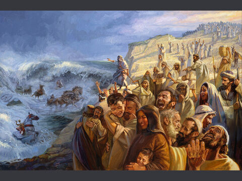 Przejście przez Morze Czerwone<br/>„Wody powróciły i zatopiły rydwany oraz jeźdźców całego wojska faraona, które weszło za nimi w morze. Nikt z nich nie ocalał. A Izraelici szli po suchym dnie morskim, mając mur wodny po prawej i po lewej stronie”. (Wyjścia 14:28–29)<br/>Pełny tekst: Księga Wyjścia 14:23–31 – Slajd 5