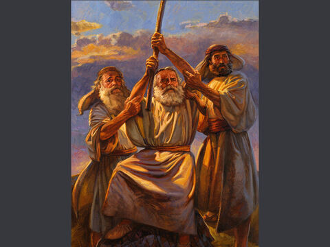Walka z Amalekiem. <br/>Ale ręce Mojżeszowe ociężały były; wziąwszy tedy kamień, podłożyli podeń, i usiadł na nim; a Aaron, i Chur podpierali ręce jego, jeden z jednej, drugi z drugiej strony; i nie ustały ręce jego aż do zajścia słońca. <br/>Wyjścia 17:12 <br/>Pełny tekst: Wyjścia 17:8-16 – Slajd 6