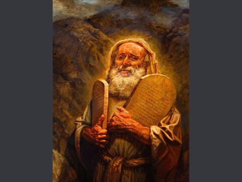 Odnowienie Przymierza<br/>„A gdy Mojżesz zstępował z góry Synaj, mając w ręku dwie tablice Świadectwa, nie wiedział, że skóra na jego twarzy promieniała po rozmowie z Bogiem”. (Wyjścia 34:29)<br/>Pełny tekst: Księga Wyjścia 34:5–10 – Slajd 8