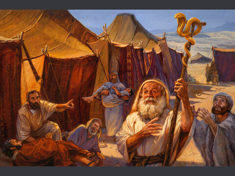 Wąż z brązu<br/>„Wówczas PAN powiedział do Mojżesza: Sporządź sobie jadowitego węża i zawieś go na palu. Każdy ukąszony, który na niego spojrzy, pozostanie przy życiu. Sporządził więc Mojżesz miedzianego węża i zawiesił go na palu. I było tak, że jeśli wąż kogoś ukąsił, a ten spojrzał na miedzianego węża, to pozostawał przy życiu”. (Liczb 21:8–9)<br/>Pełny tekst: Księga Liczb 21:4–9 – Slajd 10