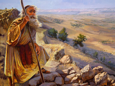 Mojżesz na górze Nebo<br/>„Mojżesz wstąpił na górę Nebo ze stepów Moabu, na szczyt Pisga, który leży naprzeciw Jerycha, i ukazał mu PAN całą ziemię...” (Powtórzonego Prawa 34:1)<br/>Pełny tekst: Księga Powtórzonego Prawa 34:1–7 – Slajd 11