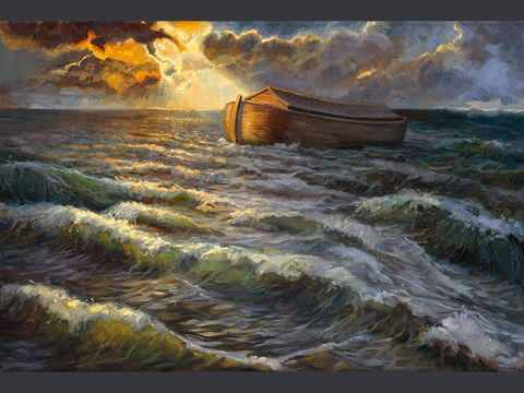 Arka na wodach potopu<br/>„A wody wzbierały na ziemi przez sto pięćdziesiąt dni”. (Rodzaju 7:24)<br/>Pełny tekst: Księga Rodzaju 7:17–24, 1 List Piotra 3:20–21 – Slajd 3
