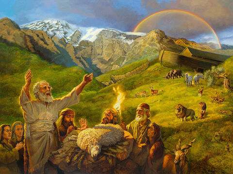 Noe składa ofiarę<br/>„Następnie Noe zbudował ołtarz dla Pana, wziął z wszelkiego czystego bydła i wszelkiego czystego ptactwa i złożył na ołtarzu ofiarę całopalną”. (Rodzaju 8:20)<br/>Pełny tekst: Księga Rodzaju 8:20–9:17 – Slajd 5
