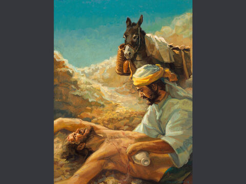 Dobry Samarytanin.<br/>„Podszedł do niego, opatrzył mu rany, zalewając je oliwą i winem, wsadził go na swoje zwierzę, zawiózł do zajazdu i opiekował się nim. Następnego dnia<br/>wyjął dwa denary, dał karczmarzowi i powiedział: Zajmij się nim, a jeśli coś więcej wydasz, oddam ci, kiedy będę wracał” (Łukasza 10:34–35).<br/>Pełny tekst: Łukasza 10: 25–37 – Slajd 3