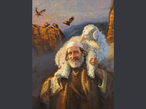 Przypowieść o zagubionej owcy  1.<br/>„Opowiedział im wtedy taką przypowieść: Kto z was mając sto owiec, gdy straci jedną z nich, nie pozostawi dziewięćdziesięciu dziewięciu samych na pastwisku i nie idzie<br/>za zaginioną, aż znajdzie?”  (Łukasza  15:3–4).<br/>Pełny tekst: Łukasza 15:3–7 – Slajd 7