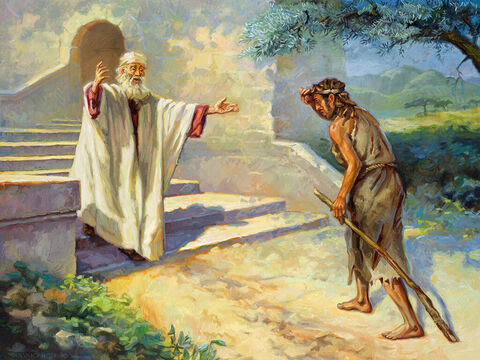 Przypowieść o synu marnotrawnym 1.<br/>„Wstał więc i wrócił do swojego ojca...” (Łukasza  15:20a).<br/>Pełny tekst: Łukasza  15:11–32 – Slajd 9
