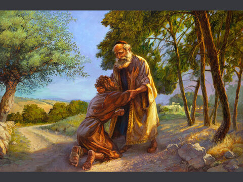 Powrót syna marnotrawnego.<br/>„Gdy był jeszcze w oddali, jego ojciec ujrzał go, wzruszył się do głębi, pobiegł, rzucił się mu na szyję i ucałował” (Łukasza  15:20b)<br/>Pełny tekst: Łukasza  15:11–32 – Slajd 10