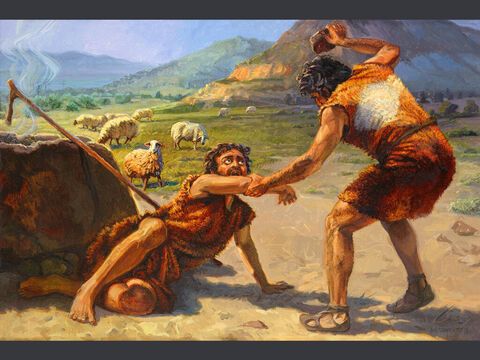 Kain i Abel.<br/>Teraz Kain powiedział do swojego brata Abla: "Wyjdźmy na pole". Gdy byli na polu, Kain zaatakował swego brata Abla i zabił go.<br/>Księga Rodzaju 4:8<br/>Pełny tekst: Księga Rodzaju 4:1-8 – Slajd 4