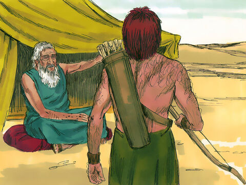 Pewnego dnia wezwał swojego starszego syna Ezawa: „Jestem już stary i nie wiem, kiedy umrę. Weź więc teraz swój łuk i strzały i upoluj mi jakieś zwierzę. Przyrządź dla mnie smaczną potrawę, taką jaką lubię, a ja wtedy pobłogosławię cię, zanim umrę”. – Slajd 2