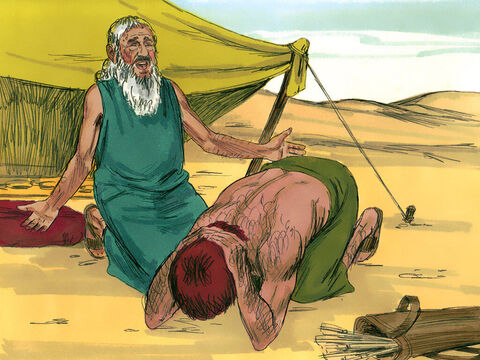 Wtedy Izaak powiedział do Ezawa: „Jakuba ustanowiłem panem nad tobą i dałem mu za sługi wszystkich jego krewnych. Zapewniłem mu zboże i wino. Co więc mogę zrobić dla ciebie, mój synu?”. „Czy masz tylko jedno błogosławieństwo? Pobłogosław również mnie, mój ojcze!” – po chwili Ezaw wybuchnął głośnym płaczem. A Izaak odpowiedział: „Będziesz żył z miecza i służył bratu. Gdy się jednak postarasz, pozbędziesz się jego władzy nad sobą”. – Slajd 10
