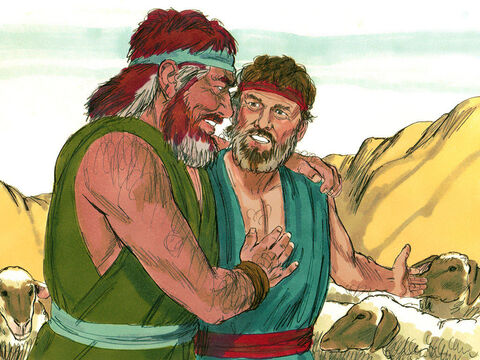 Ezaw wybiegł mu na spotkanie, uściskał go, ucałował i obaj się rozpłakali. Potem Jakub przedstawił bratu swoją rodzinę i służących, mówiąc: „To dzieci, którymi Bóg łaskawie obdarował twego sługę”. – Slajd 13