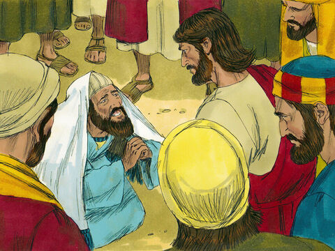 Jair odszukał Jezusa i padł do Jego nóg, błagając, aby poszedł do jego domu i uzdrowił córeczkę, która była bliska śmierci. – Slajd 3