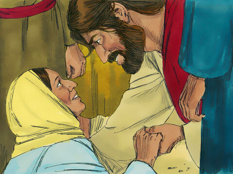 Wtedy ta kobieta, cała drżąc podeszła, upadła Mu do nóg i powiedziała, z jakiego powodu Go dotknęła i jak natychmiast została uzdrowiona. Jezus zaś powiedział do niej: „Córko, twoja wiara cię uzdrowiła. Idź w pokoju!”. – Slajd 9
