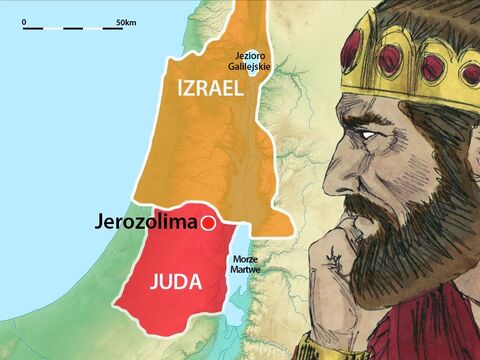 Kiedy umarł król Asa, jego syn Jehoszafat został królem Południowego Królestwa Judy. Miał 35 lat. Północnym Królestwem rządził wtedy król Achab. – Slajd 1