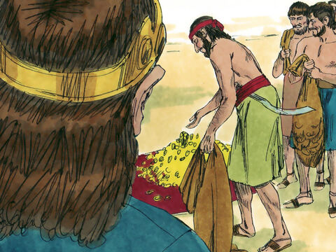 Kiedy Jehoszafat został królem, otrzymał od mieszkańców Judy wiele prezentów i stał się bogatym człowiekiem. Postanowił chodzić Bożymi drogami i być posłusznym Jego Prawu zamiast oddawać cześć bożkom. – Slajd 2