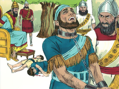 Król babiloński kazał stracić synów Sedecjasza na oczach ich ojca. Samego Sedecjasza rozkazał oślepić, zakuć w kajdany i zaprowadzić do Babilonu. – Slajd 14