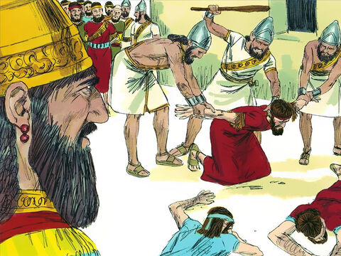 Dowódca babiloński zaprowadził najważniejszych kapłanów, urzędników i dowódców armii do obozu Nebukadnessara, gdzie zostali zabici. – Slajd 16