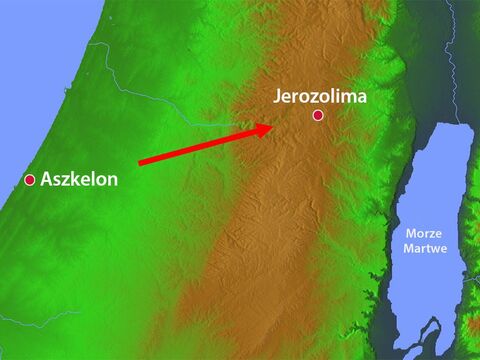 Tymczasem król Nebukadnessar pokonał miasta filistyńskie pod Aszkelon i wyruszył w kierunku Jerozolimy. – Slajd 17