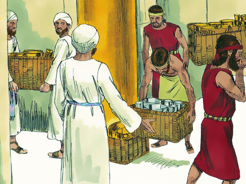 Zapłacił im bardzo wysoką daninę ze skarbca i oddał drogocenne przedmioty ze świątyni. Niektórzy członkowie rodziny królewskiej zostali wzięci przez Babilończyków jako zakładnicy. – Slajd 19