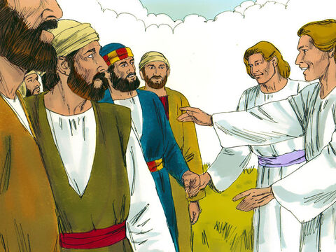 Kiedy uczniowie wpatrywali się za Nim w niebo, nagle stanęli przy nich dwaj ubrani na biało mężczyźni i zapytali: „Galilejczycy! Co tak stoicie i wpatrujecie się w niebo? Ten sam Jezus, który został zabrany od was do nieba, pewnego dnia powróci w taki sam sposób, w jaki widzieliście Go odchodzącego”. – Slajd 5
