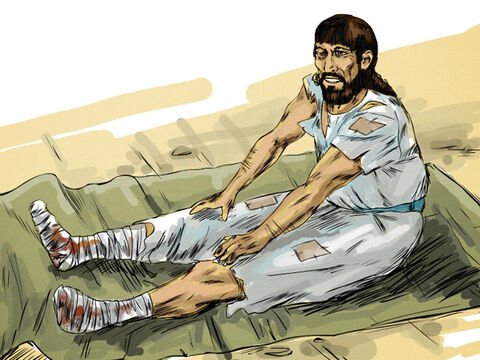 Pewnego szabatu poszedł tam Jezus i zobaczył chromego człowieka, który chorował już trzydzieści osiem lat. Jezus zapytał go: „Czy chcesz być zdrowy?”. – Slajd 3