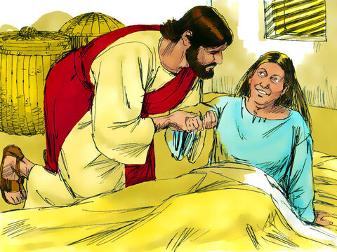 Jezus pochylił się nad nią i rozkazał gorączce, aby ją opuściła. Uzdrowiona natychmiast wstała i usługiwała im. – Slajd 8