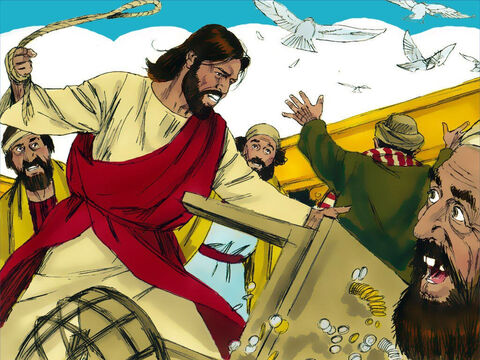 Jezus powywracał stoły wymieniających pieniądze oraz stragany sprzedawców gołębi. – Slajd 3