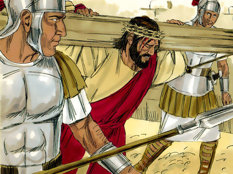 Rzymianie przymusili Jezusa, aby niósł swój krzyż. To samo musieli zrobić dwaj zbrodniarze, których skazano na śmierć. Zostali wyprowadzeni z Jerozolimy na ukrzyżowanie. Towarzyszył im tłum, wśród którego były kobiety opłakujące Jezusa. – Slajd 1