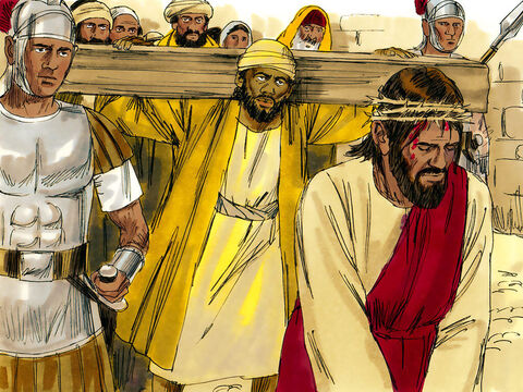 Wcześniej Jezusa bito i znęcano się nad Nim, dlatego był już bardzo osłabiony i upadł. Żołnierze zmusili jednego mężczyznę z tłumu, Szymona pochodzącego z Cyreny w Afryce Północnej, aby niósł krzyż Jezusa. – Slajd 2