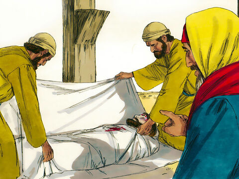 Józef zdjął ciało Jezusa z krzyża, owinął w płótno i złożył w wykutym w skale grobowcu. – Slajd 13
