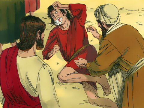 Kiedy demon zobaczył Jezusa, szarpnął gwałtownie chłopcem, rzucił go na ziemię i pokrytego śliną zaczął tarzać w prochu.<br/> – Slajd 5