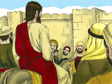 Uczniowie zaprowadzili tego osiołka do Jezusa. Zarzucili swoje płaszcze na grzbiet zwierzęcia, a potem Jezus na nim usiadł. – Slajd 6