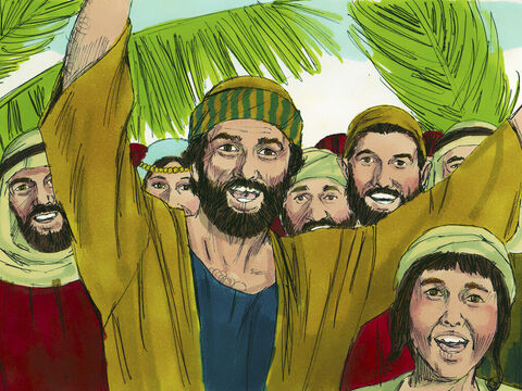 Ludzie wybiegli na spotkanie Jezusa i wołali: „Hosanna Synowi Dawidowemu!” (słowo „hosanna” oznacza „zbaw”). Inni wołali: „Błogosławiony ten, który przychodzi w imieniu Pana!”. – Slajd 8