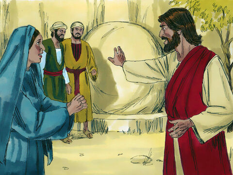 Ludzie zaprowadzili Jezusa do grobu Łazarza. Była to grota, którą zamykał głaz. Jezus kazał usunąć ten kamień. Wtedy Marta, siostra zmarłego, powiedziała: „Panie, już cuchnie. Nie żyje bowiem od czterech dni”. – Slajd 10