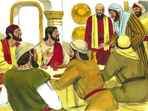 Wkrótce potem wydał na cześć Jezusa przyjęcie. Przy stole usiadło bardzo wielu celników oraz innych ludzi tego pokroju. – Slajd 4