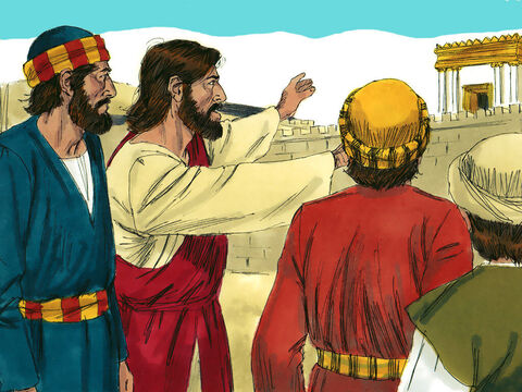 Jezus przebywał na Górze Oliwnej i wczesnym rankiem zjawił się w świątyni. – Slajd 1