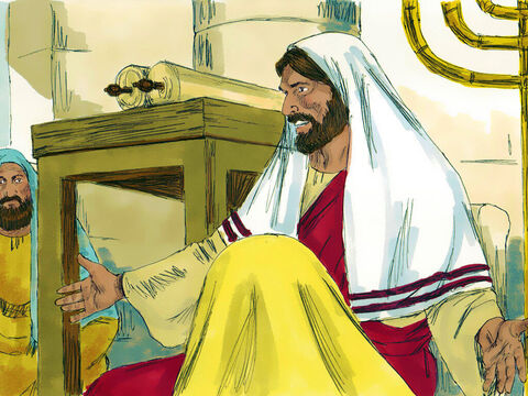 Potem powiedział: „Dziś wypełniło się Pismo, które usłyszeliście przed chwilą”. W ten sposób Jezus wskazał, że jest Mesjaszem posłanym przez Boga, aby zbawić ludzi. – Slajd 5