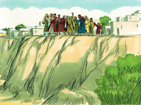 Zaciągnęli Jezusa na szczyt góry, na której było zbudowane ich miasto, bo chcieli Go strącić w przepaść. – Slajd 10