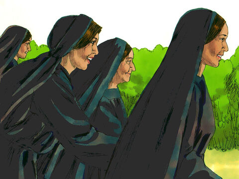 Kobiety wyszły prędko z grobu i pełne strachu i ogromnej radości pobiegły powiadomić uczniów. – Slajd 7