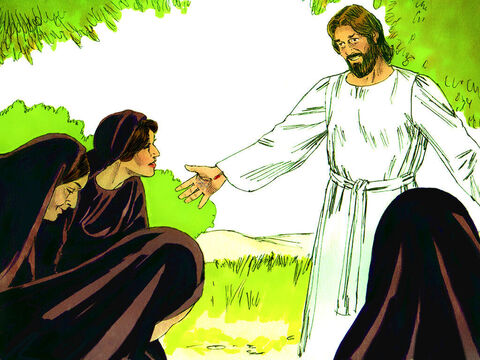 Nagle Jezus wyszedł im naprzeciw i pozdrowił je: „Witajcie!”. One zaś podeszły, objęły  Jego nogi i pokłoniły Mu się. Wtedy Jezus powiedział im: „Nie bójcie się! Idźcie i przekażcie moim braciom, by poszli do Galilei. Tam Mnie zobaczą”. – Slajd 8